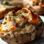 Creamy High-Protein Chicken Pot Pie Stuffed Sweet Potatoes