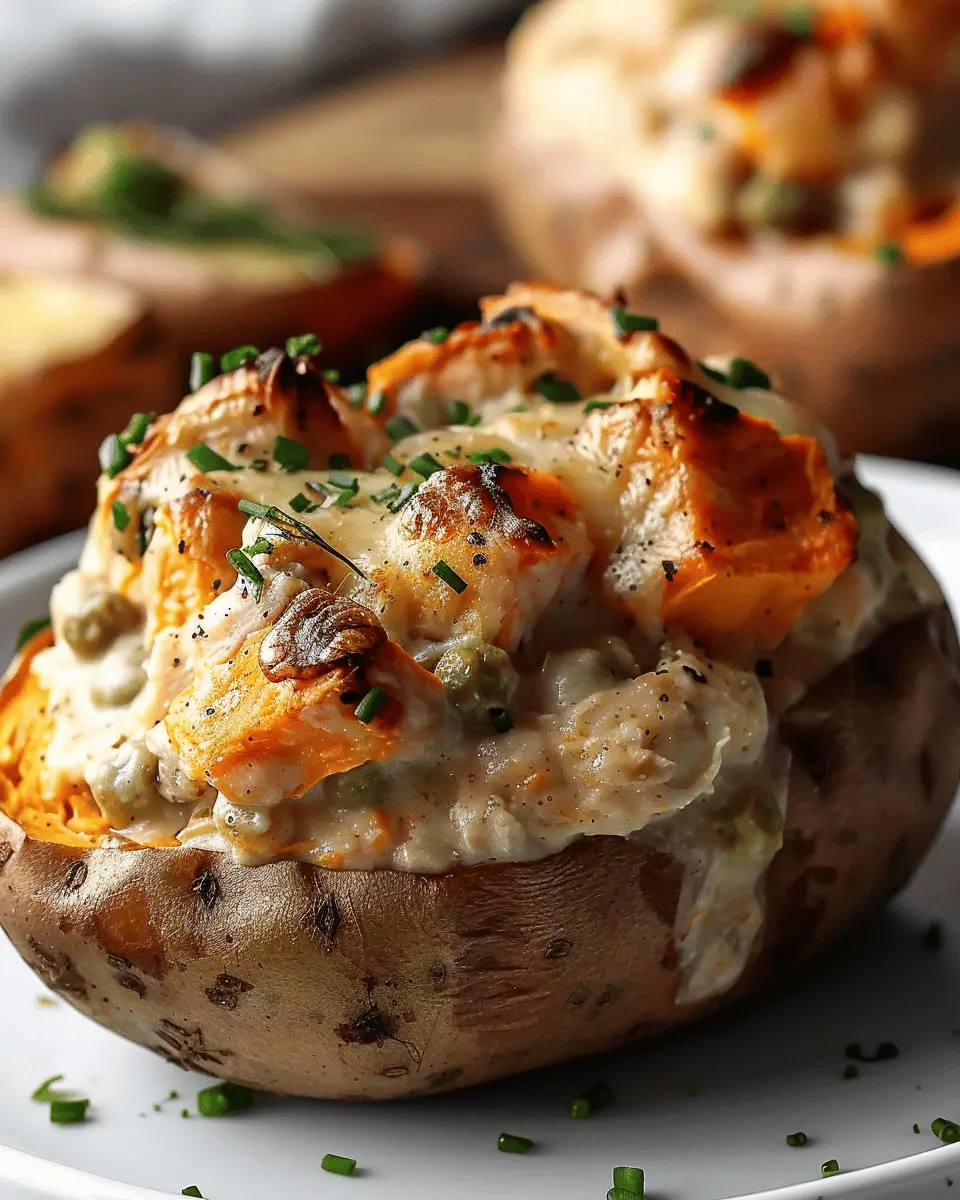 Creamy High-Protein Chicken Pot Pie Stuffed Sweet Potatoes Delight