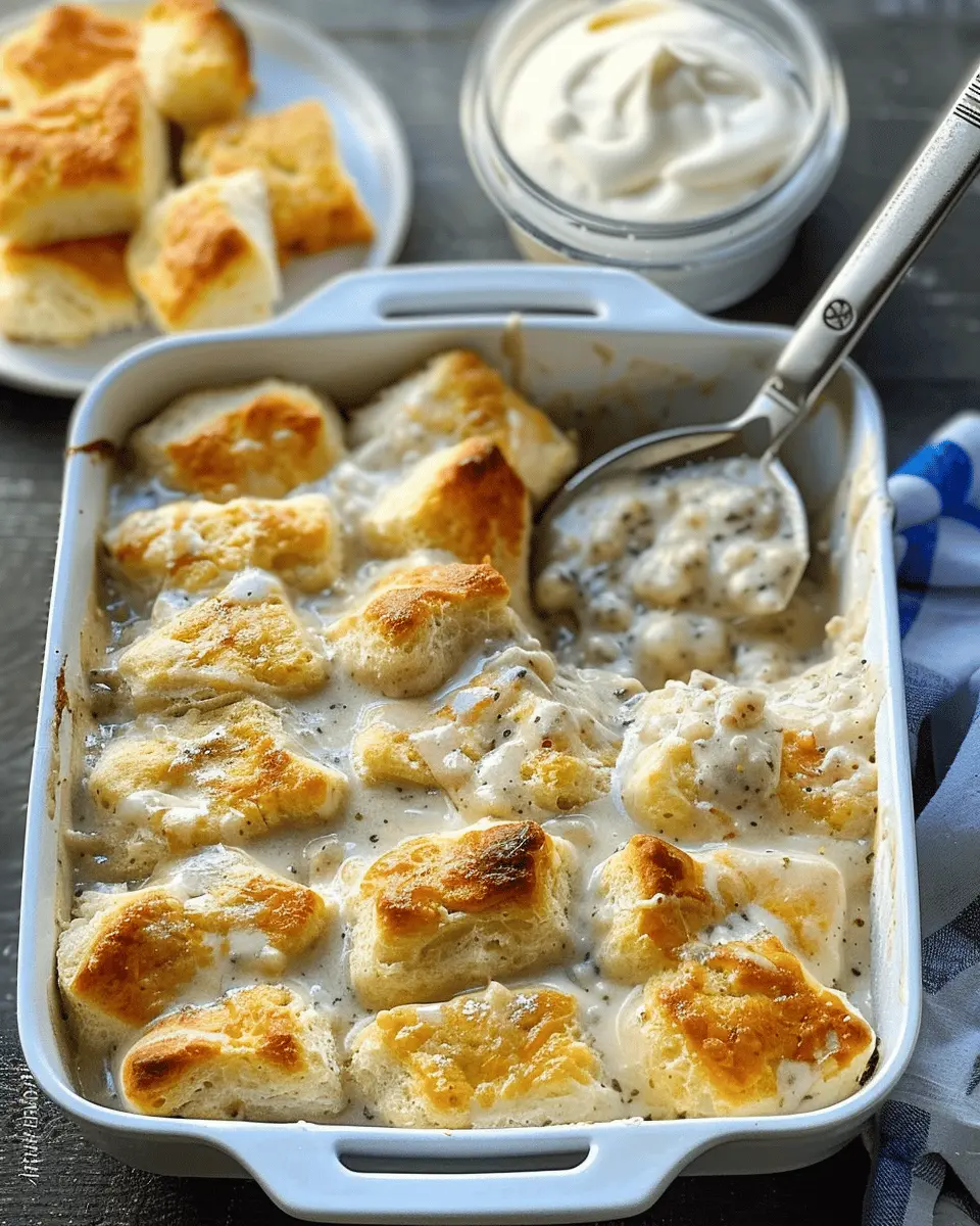 Lazy Biscuits and Gravy Breakfast Casserole with Turkey Bacon Delight