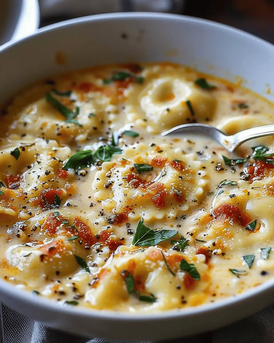 Creamy Tuscan Ravioli Soup with Turkey Bacon and Chicken Ham Delight