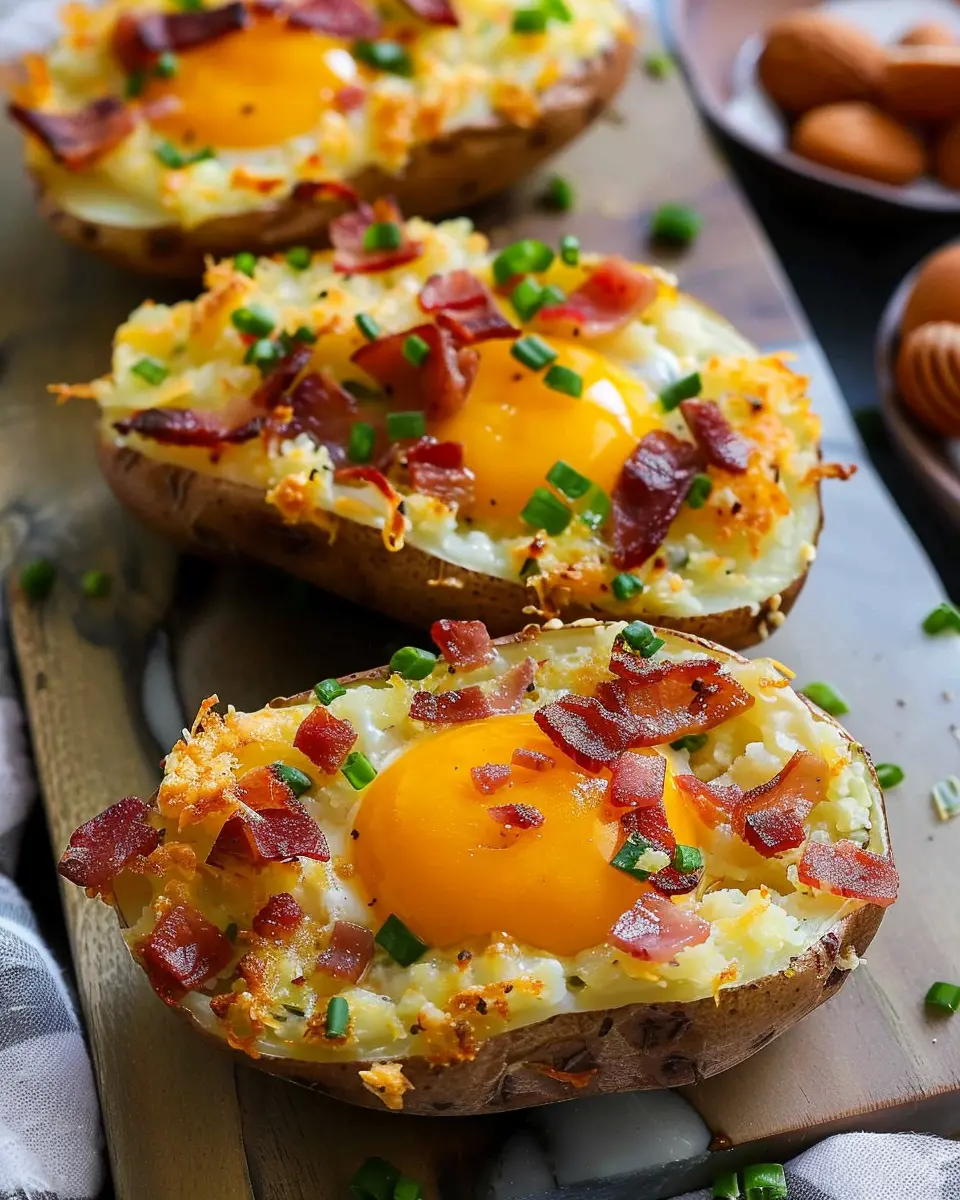 Twice Baked Breakfast Potatoes with Turkey Bacon and Cheese