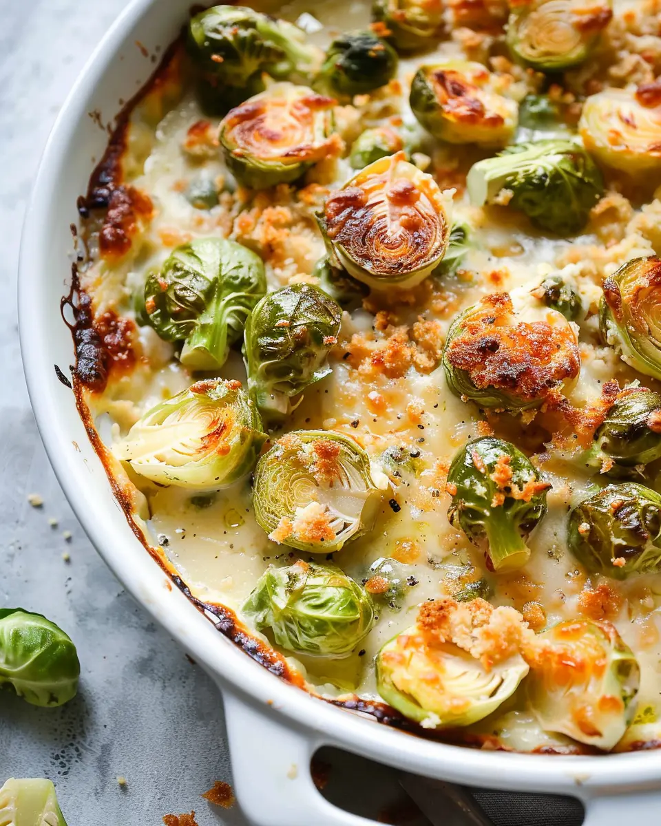Garlicky Creamy Brussels Sprouts Au Gratin with Turkey Bacon Delight
