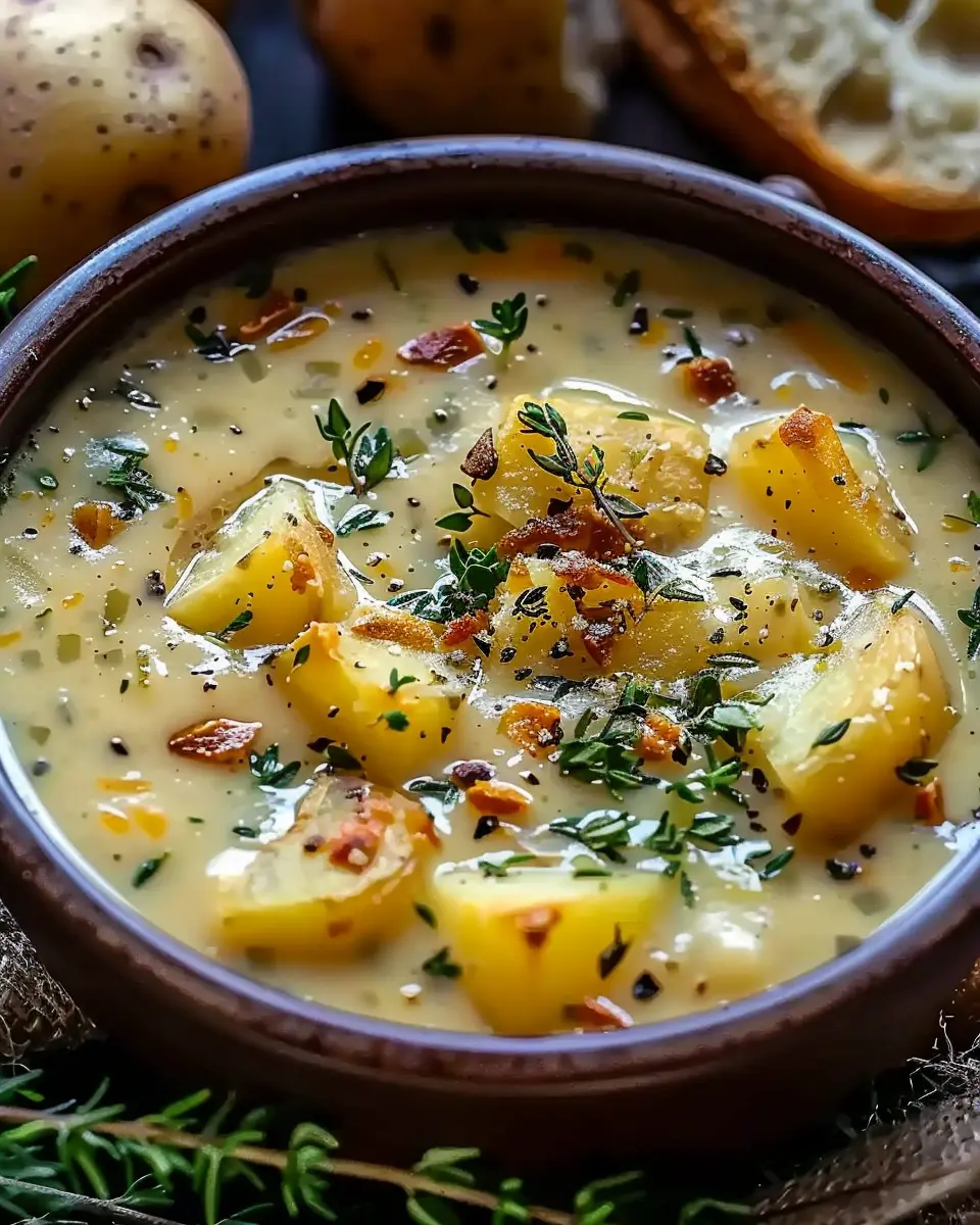 Hearty Cheddar Garlic Herb Potato Soup Recipe with Turkey Bacon