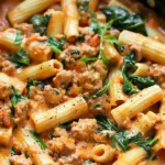 Creamy Sausage Rigatoni with Spinach, Garlic, and Tomato Cream Sauce (One-Pan, 30-Minute recipe)