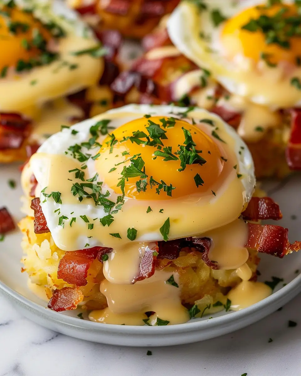 Hash Brown Eggs Benedict Bowls with Turkey Bacon and Chicken Ham