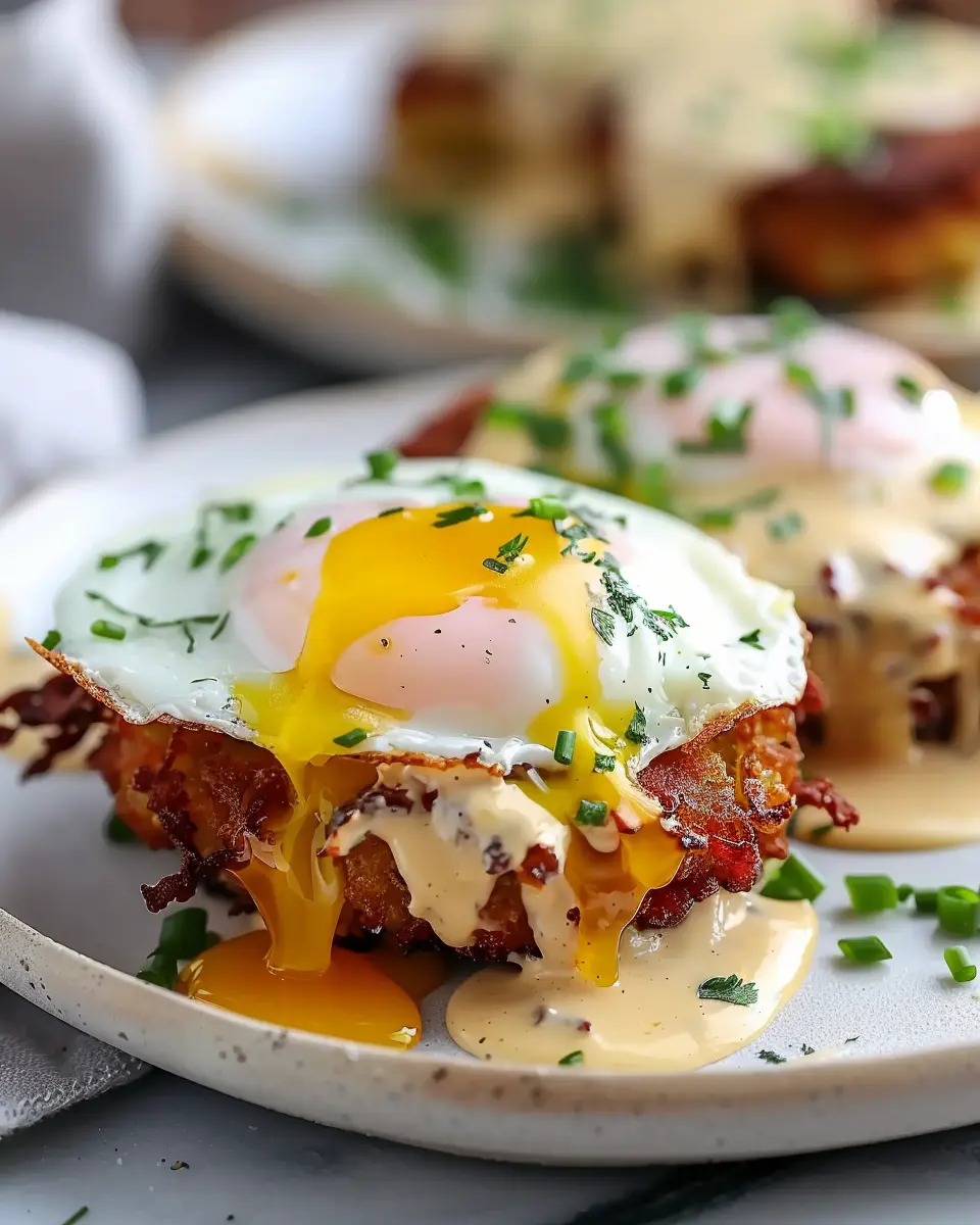 Easy Latke Eggs Benedict with Turkey Bacon and Chicken Ham Delight