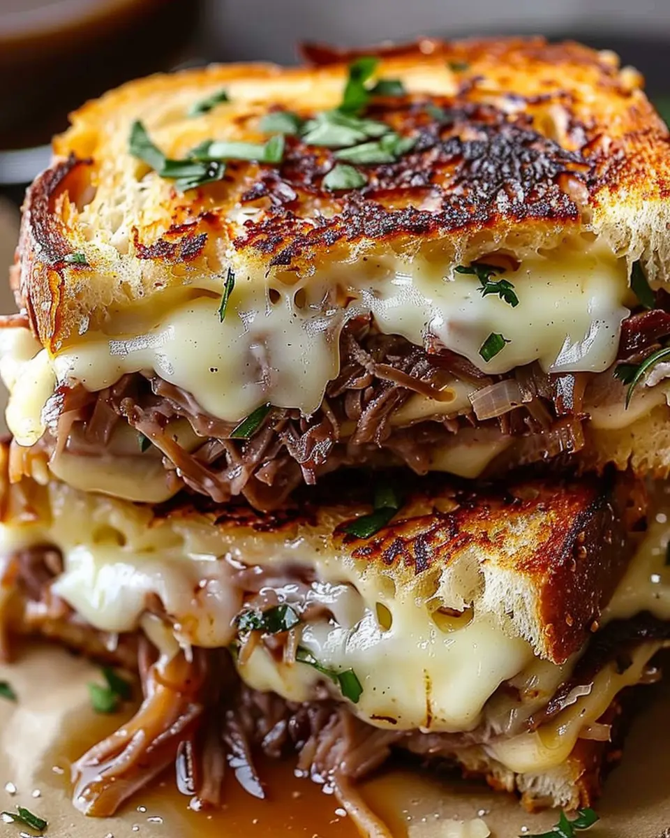 French Dip Grilled Cheese with Turkey Bacon and Chicken Ham Delight